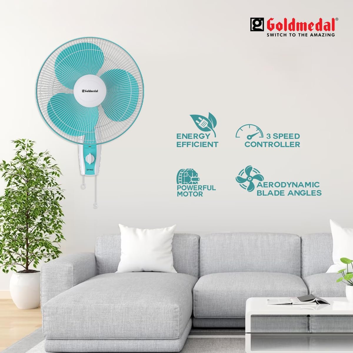 Goldmedal Dyno 400 mm Wall fans For Home and Office | Silent Operation | Jerk Free Oscillation | 100% Copper Motor | High RPM | High Air Delivery | 2 years Warranty (Turquoise White) - Image 4