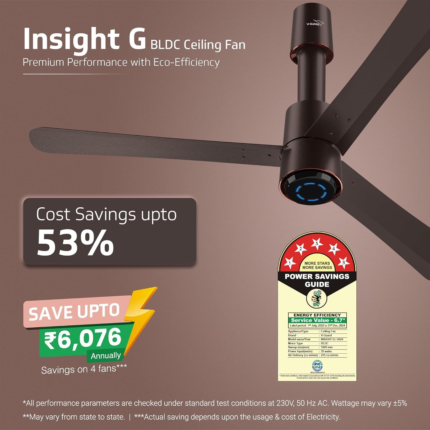 Roll over image to zoom in 2 VIDEOS V-Guard Insight-G Premium Bldc Ceiling Fan For Home | 6 Speed Settings | 5 stars Energy Saving | Convenient Remote Control | High-Speed 100% Copper Motor | 1.2M (Elegance Brown Matte) - Image 3