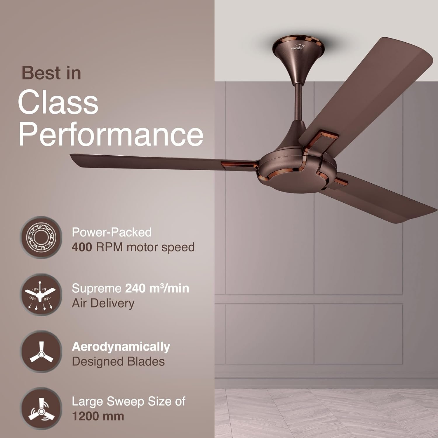 V-Guard Exado Pro AS Anti Dust High Speed Ceiling Fan for Home | Energy Efficient| 400 RPM|Powerful Air Delivery of 240 m3/min|Dust Repellent Technology| Easy to Clean|Elegance Brown Matte| 1.2 meters - Image 3