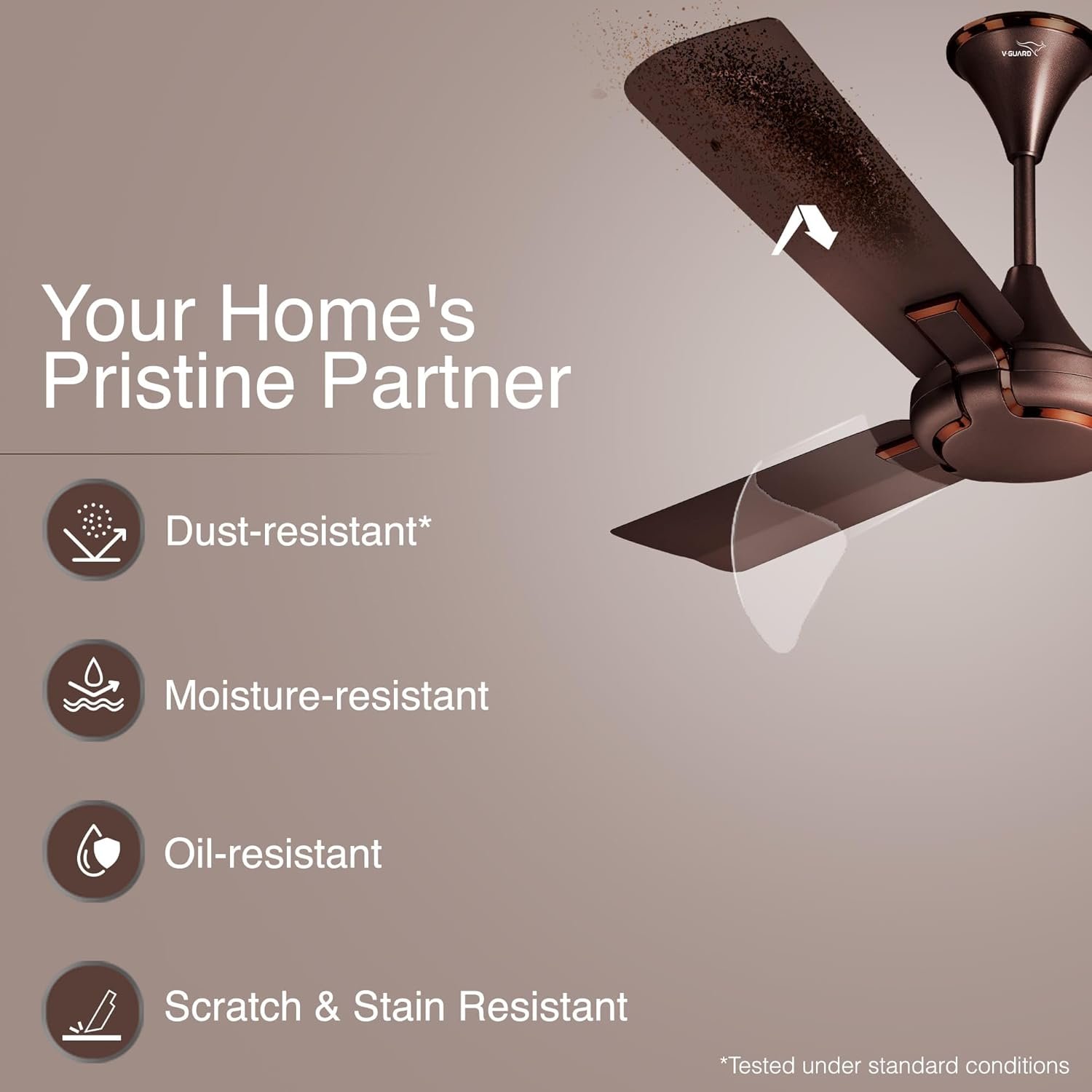 V-Guard Exado Pro AS Anti Dust High Speed Ceiling Fan for Home | Energy Efficient| 400 RPM|Powerful Air Delivery of 240 m3/min|Dust Repellent Technology| Easy to Clean|Elegance Brown Matte| 1.2 meters - Image 2