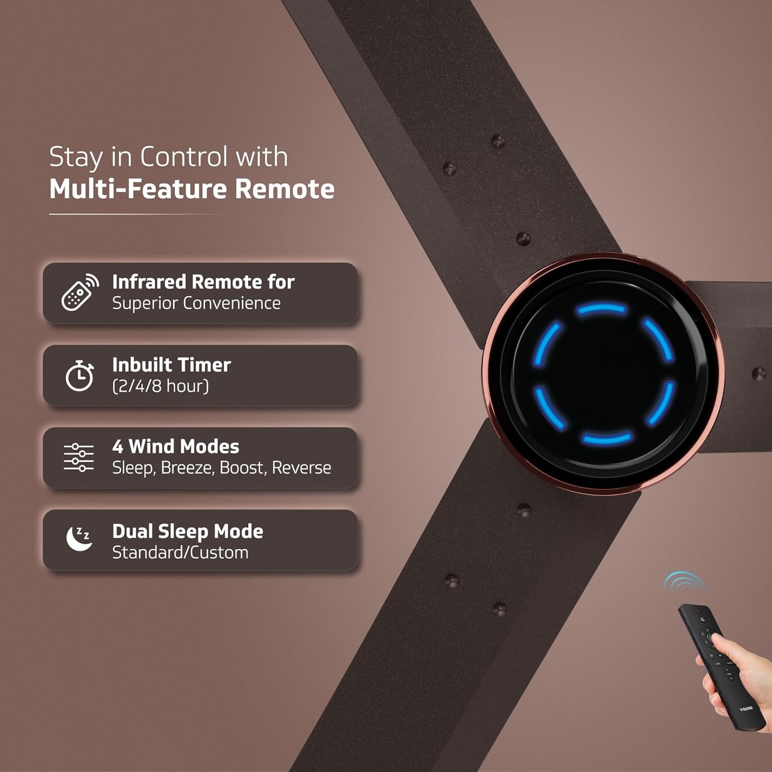 Roll over image to zoom in 2 VIDEOS V-Guard Insight-G Premium Bldc Ceiling Fan For Home | 6 Speed Settings | 5 stars Energy Saving | Convenient Remote Control | High-Speed 100% Copper Motor | 1.2M (Elegance Brown Matte) - Image 5