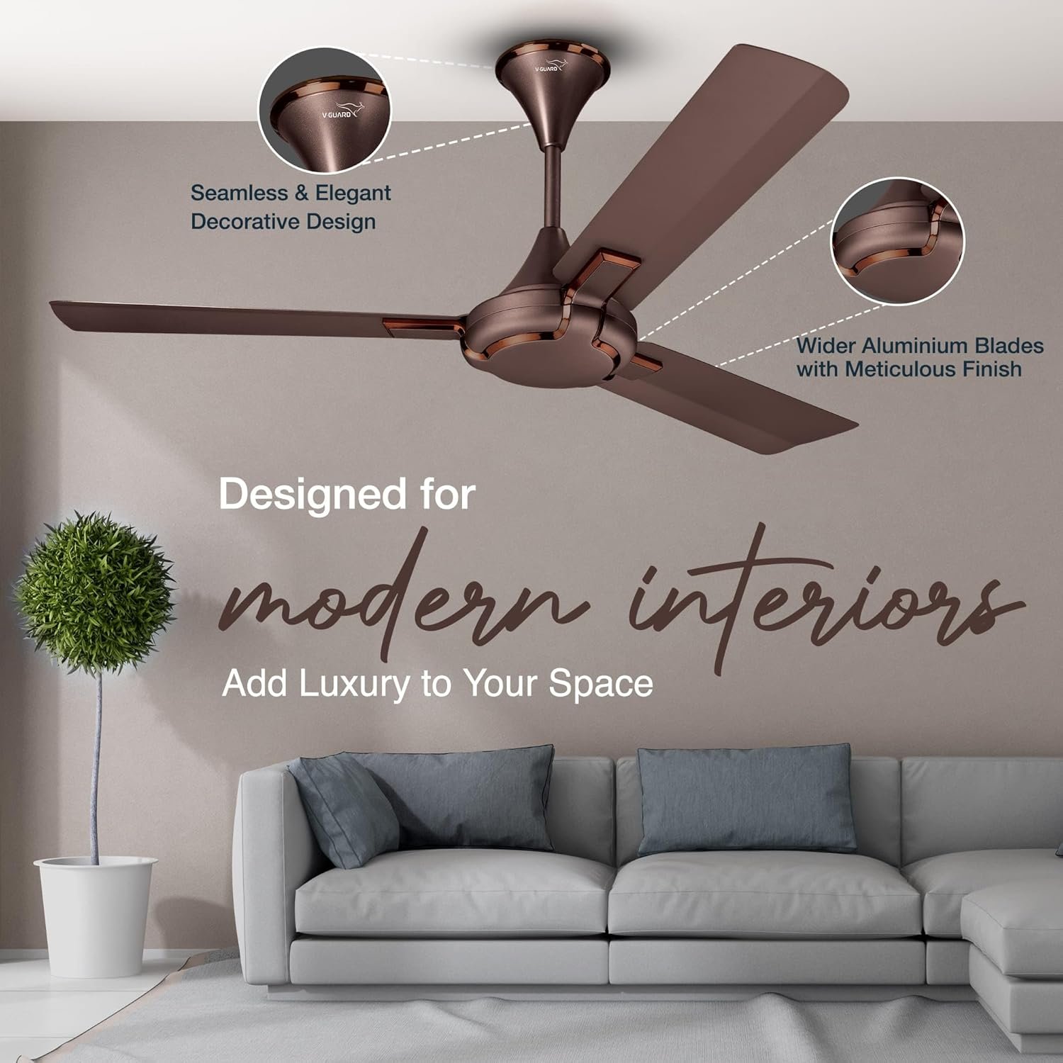 V-Guard Exado Pro AS Anti Dust High Speed Ceiling Fan for Home | Energy Efficient| 400 RPM|Powerful Air Delivery of 240 m3/min|Dust Repellent Technology| Easy to Clean|Elegance Brown Matte| 1.2 meters - Image 4