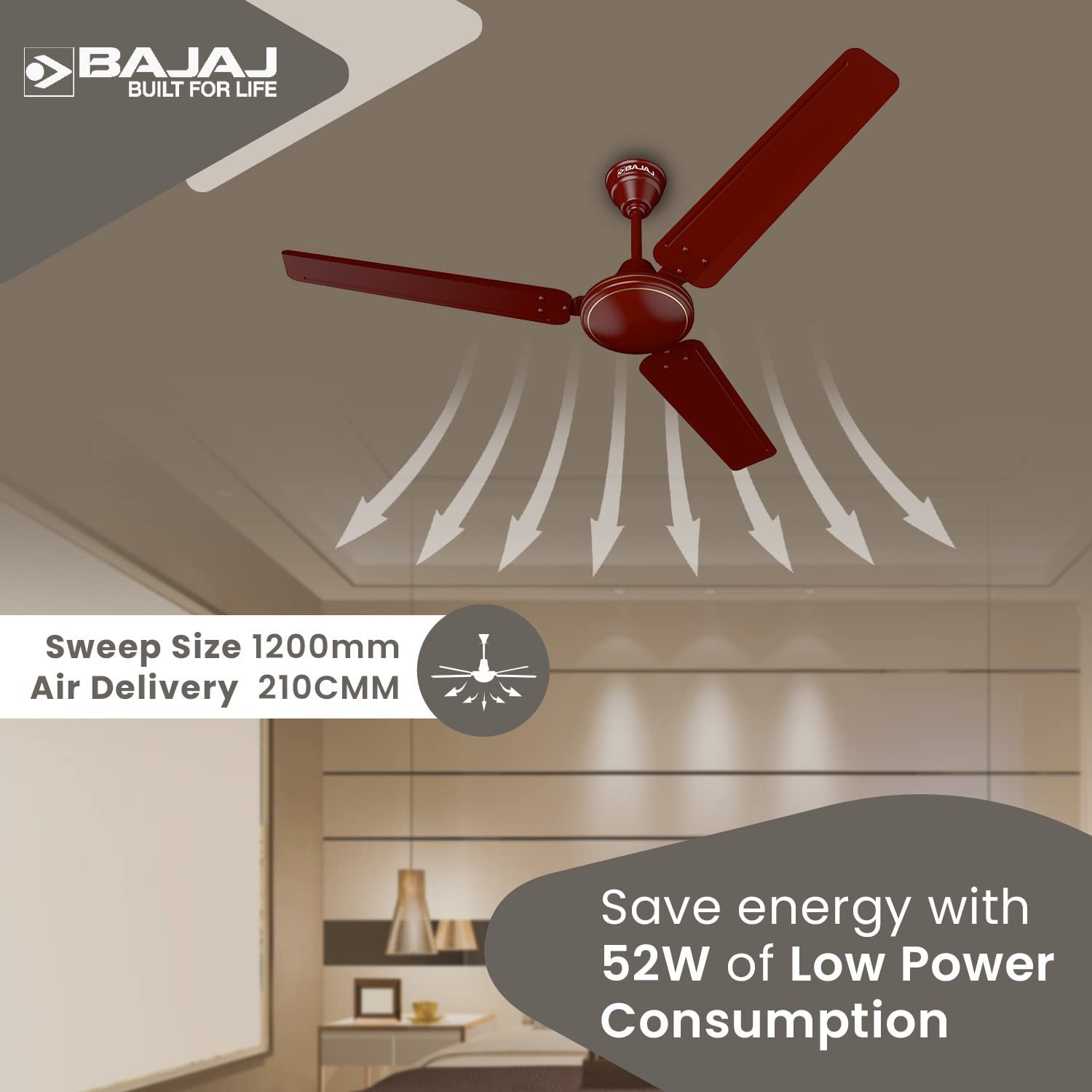 Bajaj Frore 1200 mm (48") 1 star Rated Ceiling Fans for Home |BEE stars Rated Energy Efficient Ceiling Fan |Rust Free Coating for Long Life |High Air Delivery |2-Yr Warranty Brown - Image 3