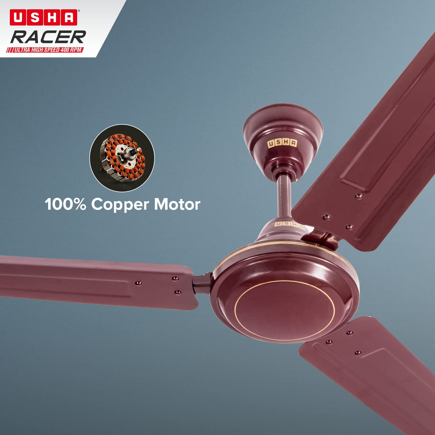 Usha Racer 1200MM Ultra High Speed 400RPM Ceiling Fan Brown W/O REG - Image 2
