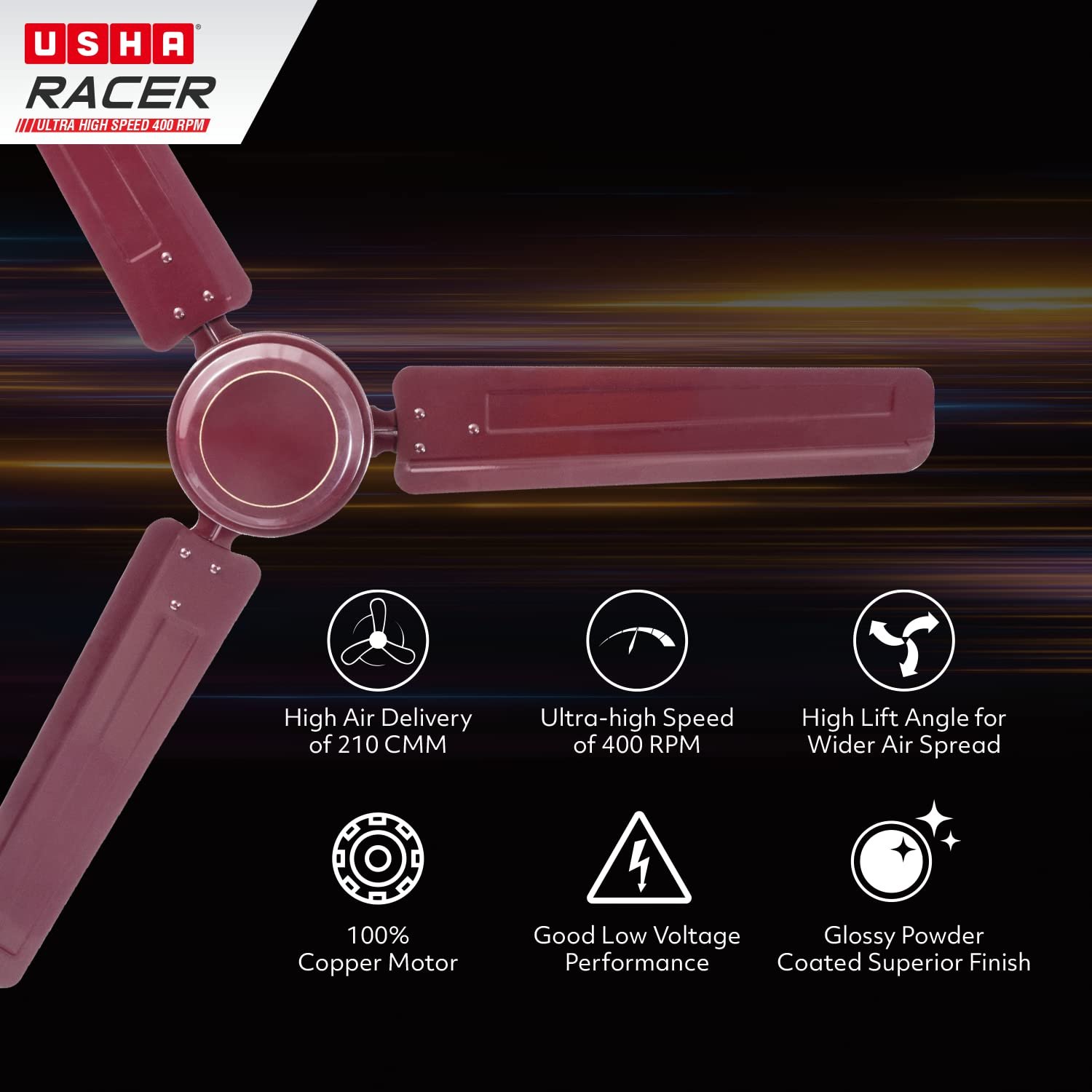 Usha Racer 1200MM Ultra High Speed 400RPM Ceiling Fan Brown W/O REG - Image 3