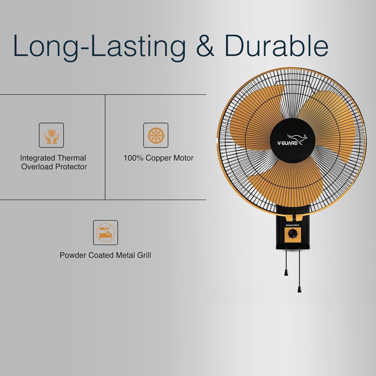 V-Guard Gatimaan Pro HSW N High Speed Wall Fan for Home | 2100 RPM, 3 Speed Controls | Powerful 100% Copper Motor | Corrossion-Resistant Metal Grill |Orange Black - Image 4