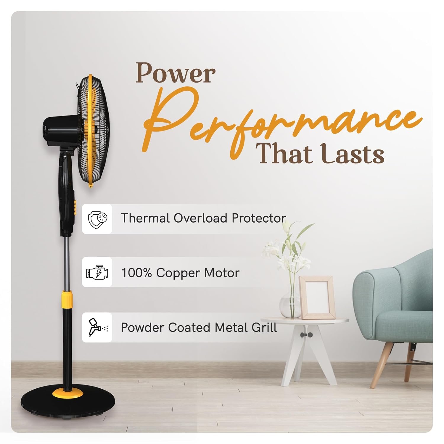 V-Guard Gatimaan Pro HSP N High Speed Pedestal Fan | 3 Adjustable Fan Speeds | Rust Resistant ABS Body | Powerful 2100 RPM Motor | Orange Black | 40 cm (400mm) - Image 5