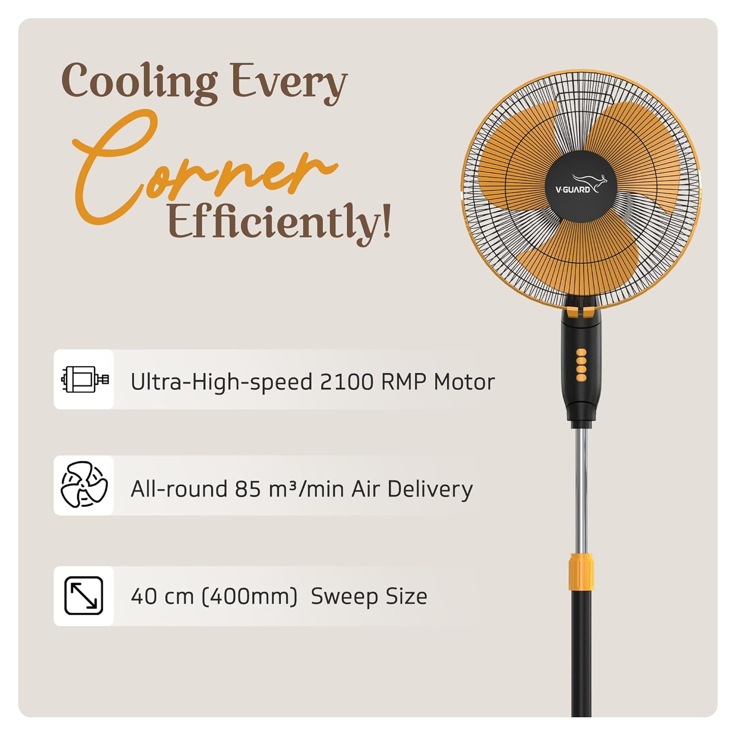 V-Guard Gatimaan Pro HSP N High Speed Pedestal Fan | 3 Adjustable Fan Speeds | Rust Resistant ABS Body | Powerful 2100 RPM Motor | Orange Black | 40 cm (400mm) - Image 4
