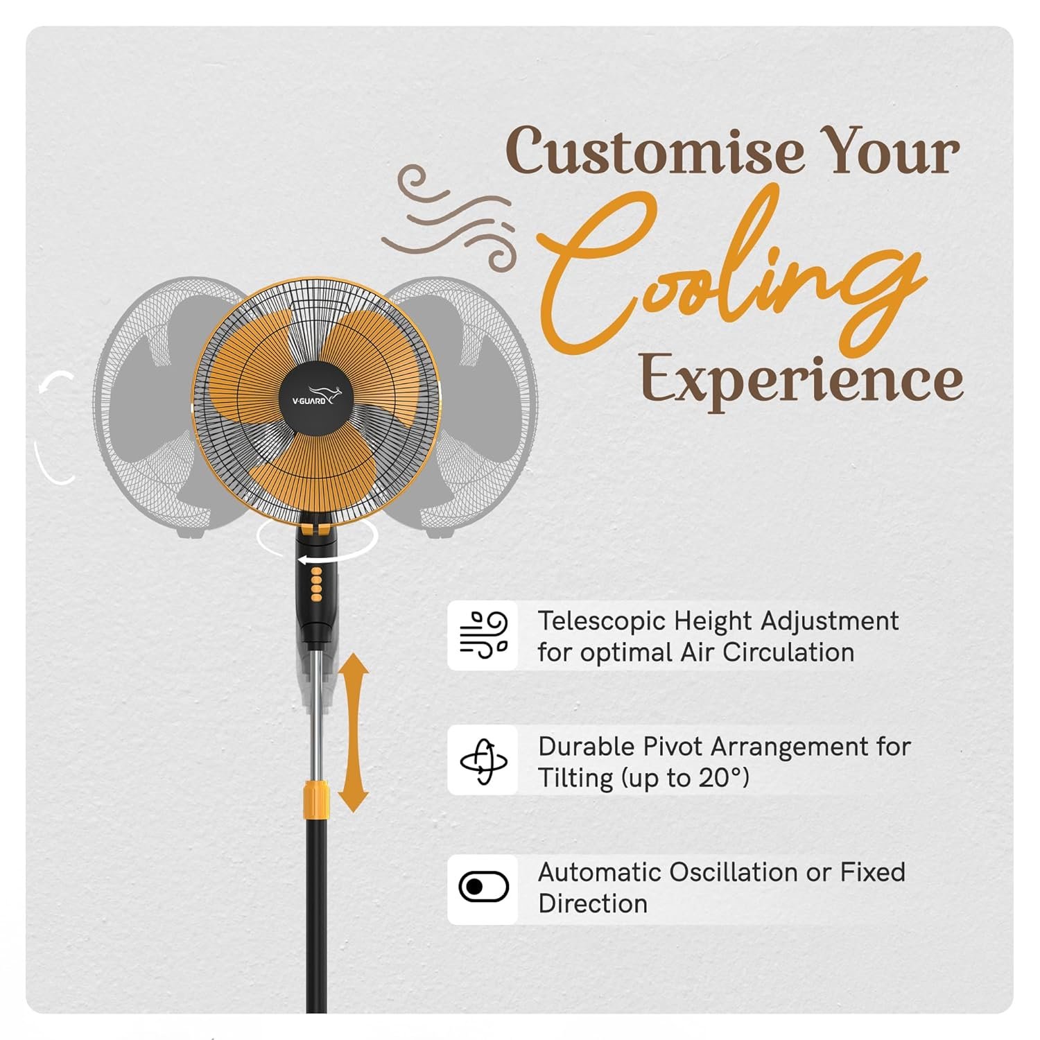 V-Guard Gatimaan Pro HSP N High Speed Pedestal Fan | 3 Adjustable Fan Speeds | Rust Resistant ABS Body | Powerful 2100 RPM Motor | Orange Black | 40 cm (400mm) - Image 2