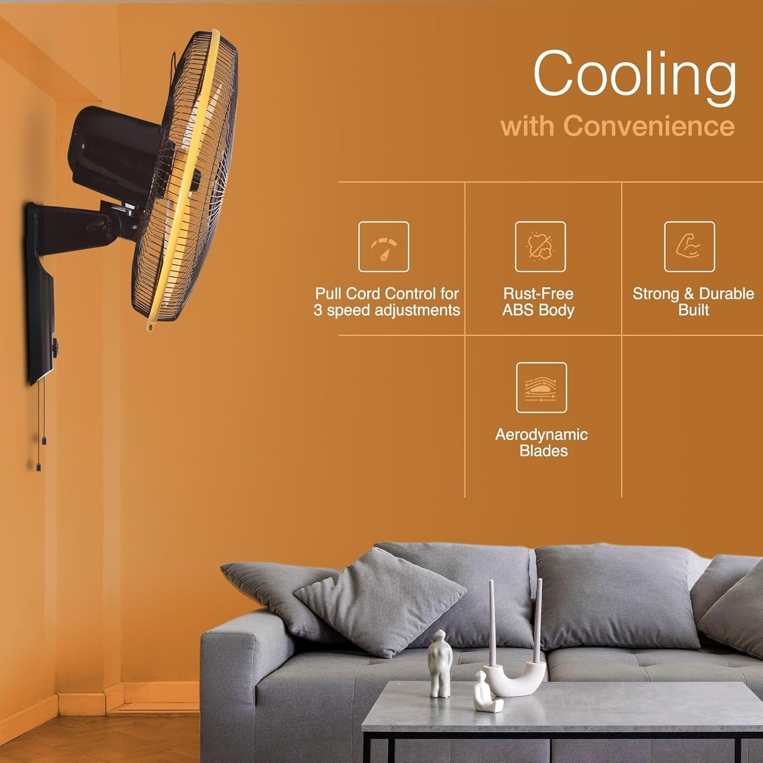 V-Guard Gatimaan Pro HSW N High Speed Wall Fan for Home | 2100 RPM, 3 Speed Controls | Powerful 100% Copper Motor | Corrossion-Resistant Metal Grill |Orange Black - Image 3