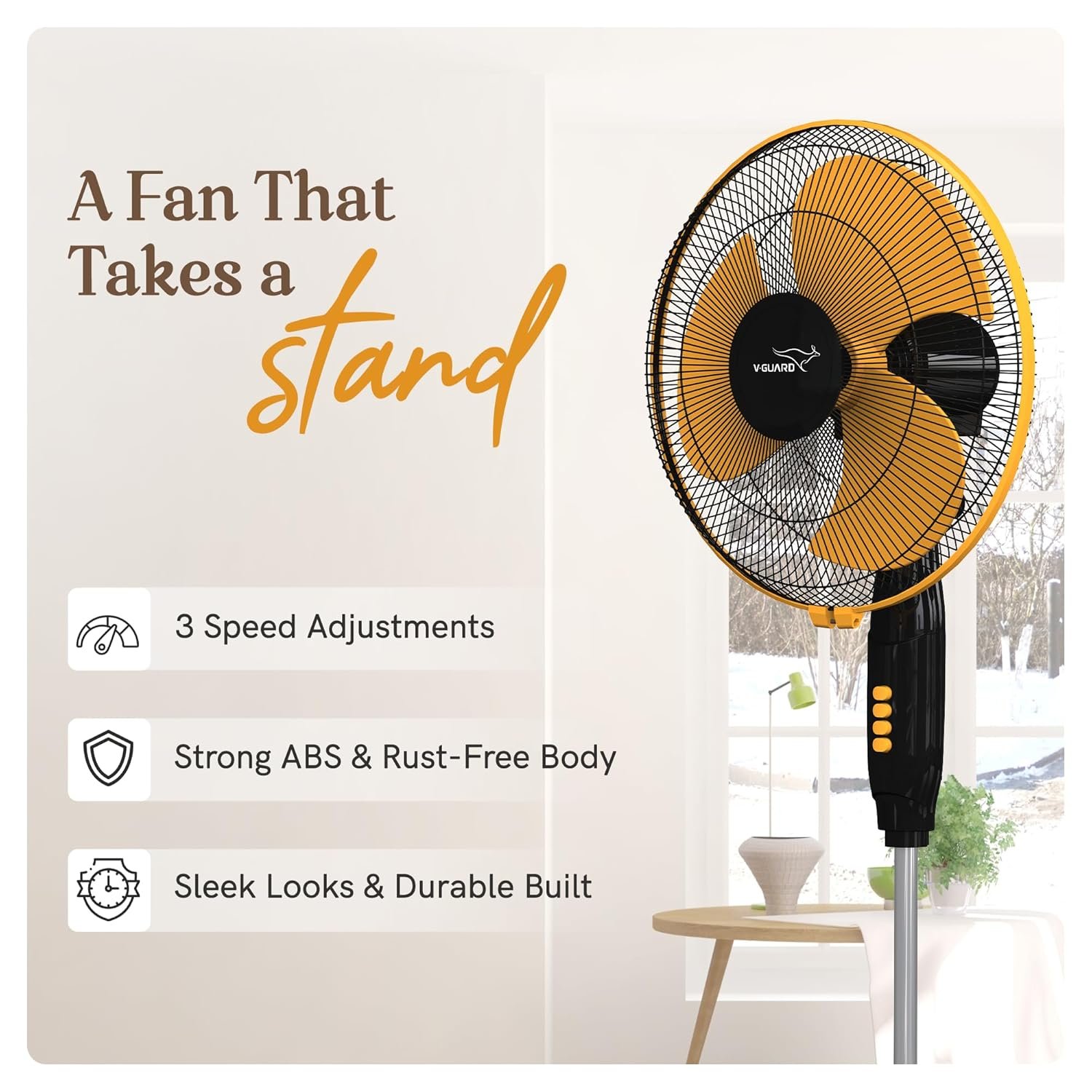 V-Guard Gatimaan Pro HSP N High Speed Pedestal Fan | 3 Adjustable Fan Speeds | Rust Resistant ABS Body | Powerful 2100 RPM Motor | Orange Black | 40 cm (400mm) - Image 3